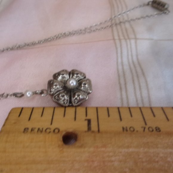 Pearl Accent Silver Tone Floret Locket Necklace - Picture 11 of 11